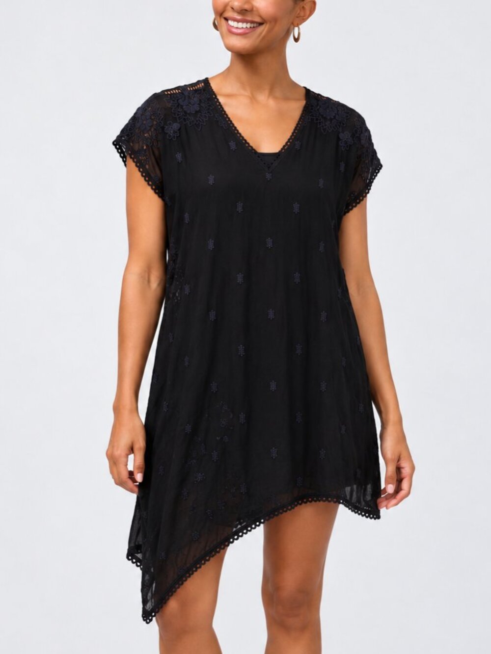 Johnny Was Black Semi-Sheer Embroidered Asymmetric Hem Tunic XS